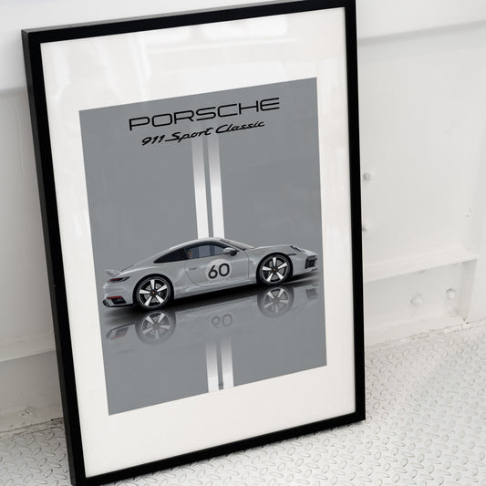 Porsche 911 Sport poster in grey colour in black frame on ground