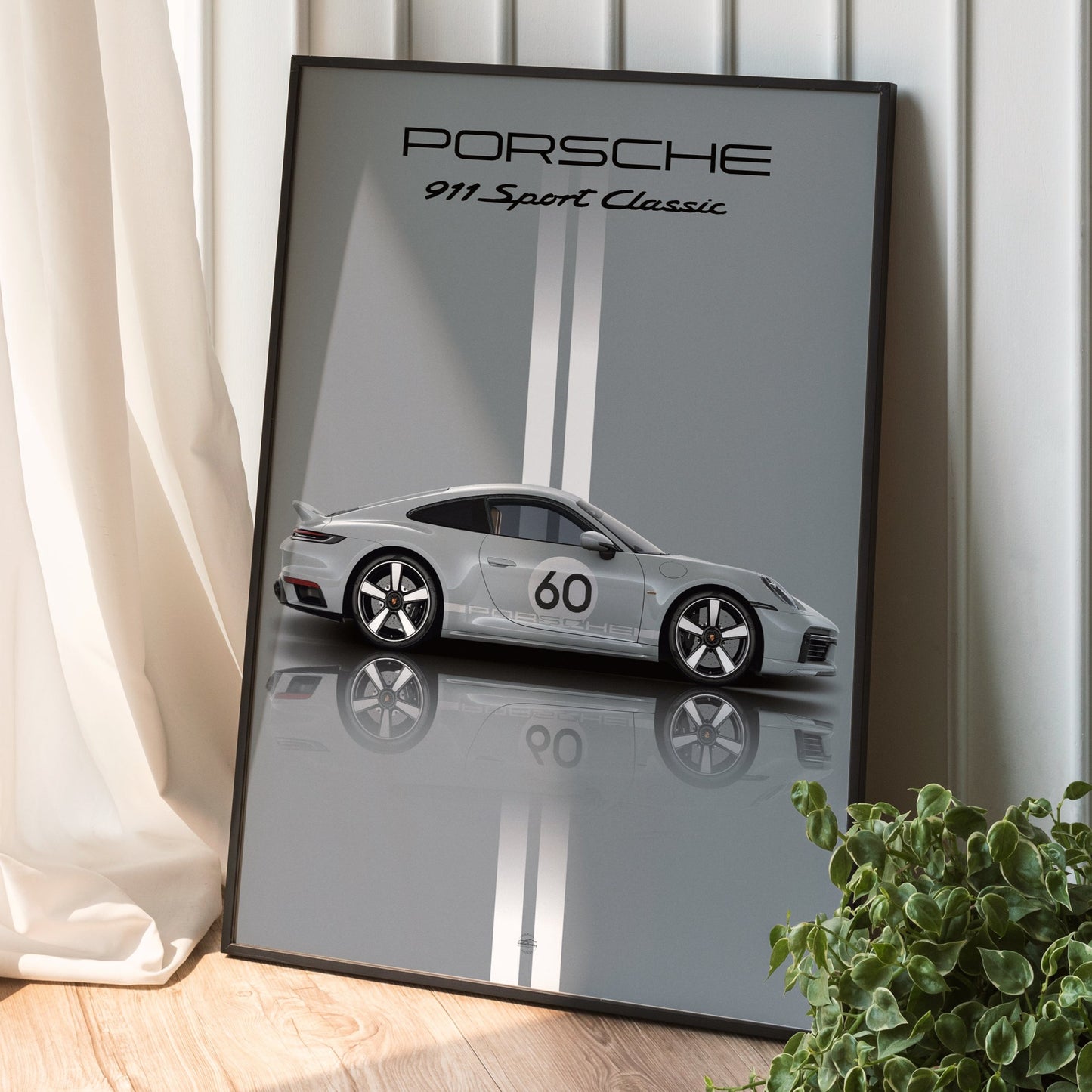 Porsche 911 Sport Poster in black frame placed on ground