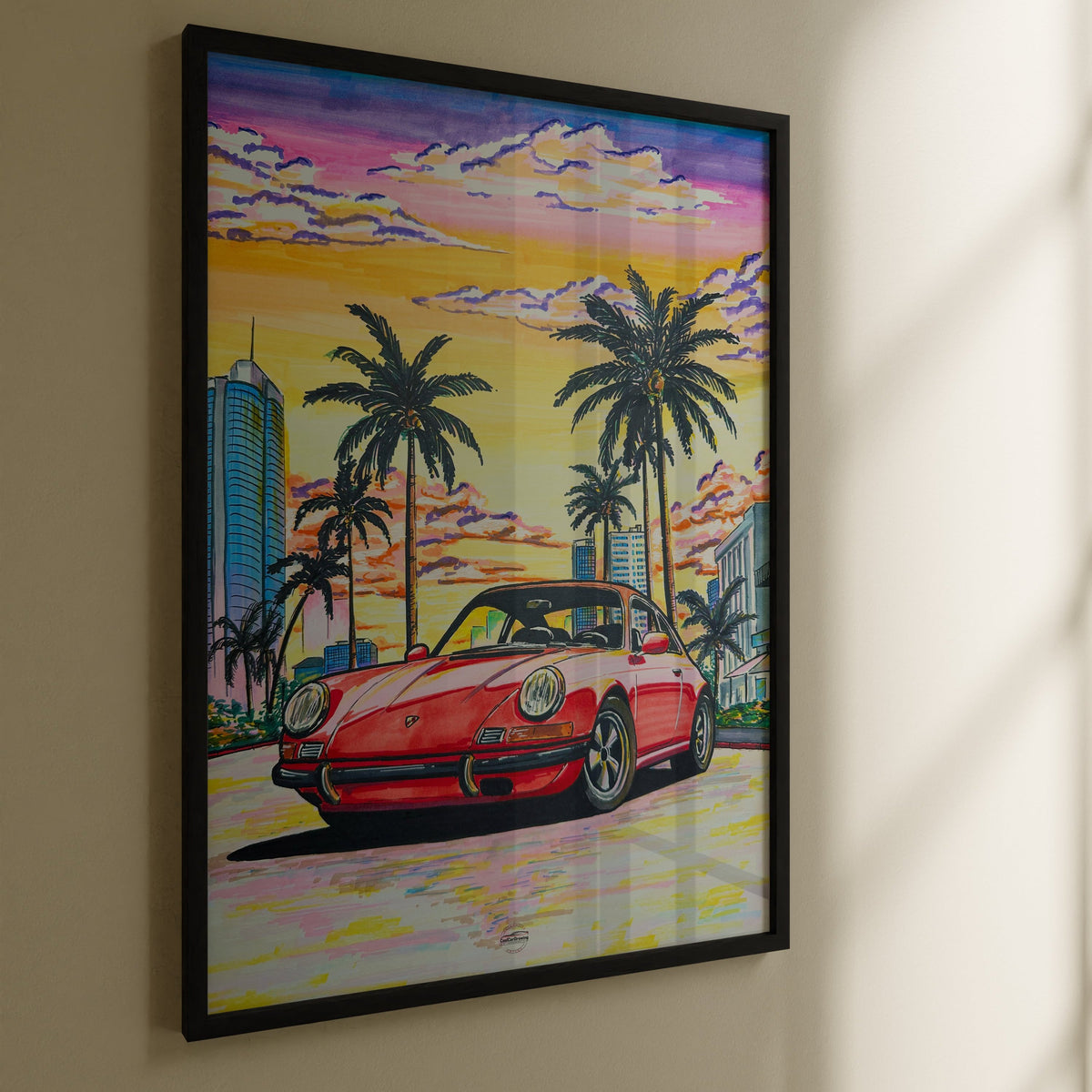 Porsche Carrera drawing in Miami vibe framed in black frame hanging on wall
