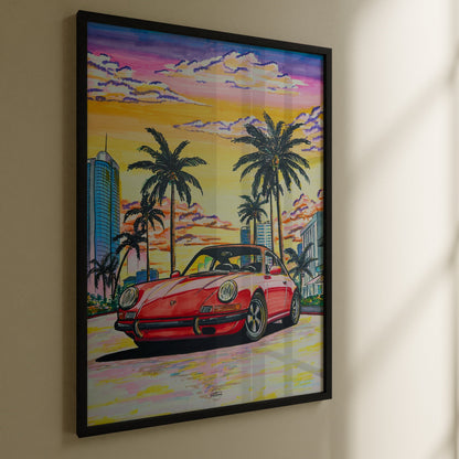 Porsche Carrera drawing in Miami vibe framed in black frame hanging on wall