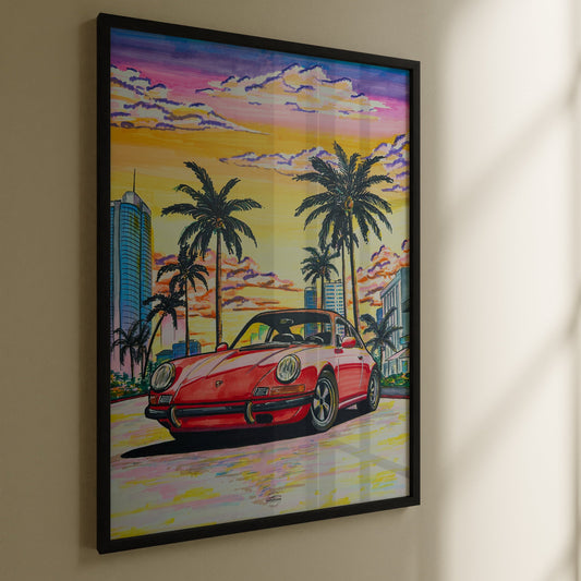 Porsche Carrera drawing in Miami vibe framed in black frame hanging on wall