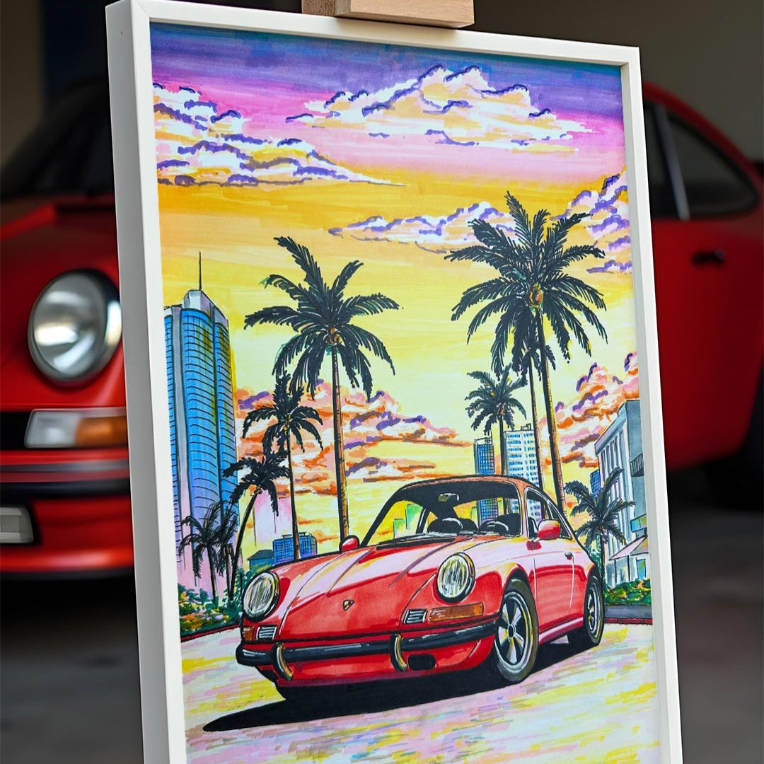 porsche carrera 972 drawing, calssic car poster in frame in front of the porsche car