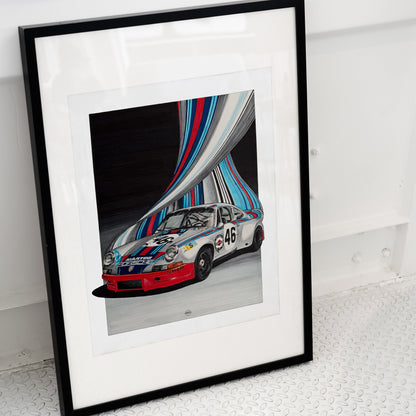 A framed art print featuring a vintage Porsche Carerra with a colorful striped effect, displayed in a black frame with a white mat against a white wall.