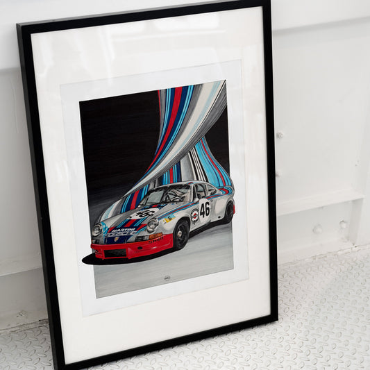 A framed art print featuring a vintage Porsche Carerra with a colorful striped effect, displayed in a black frame with a white mat against a white wall.