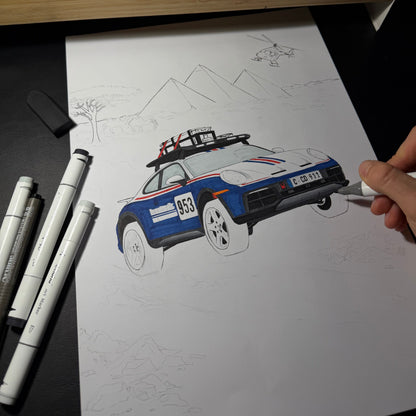 Drawing process of Porsche 911 Dakar car on paper