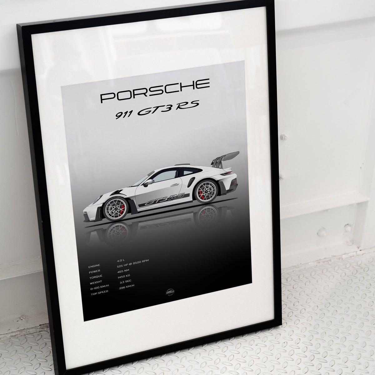 Porsche 911 GT3RS Specification poster in black frame placed on ground