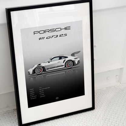 Porsche 911 GT3RS Specification poster in black frame placed on ground