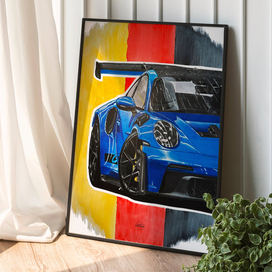 Porsche GT3RS poster in frame placed on floor