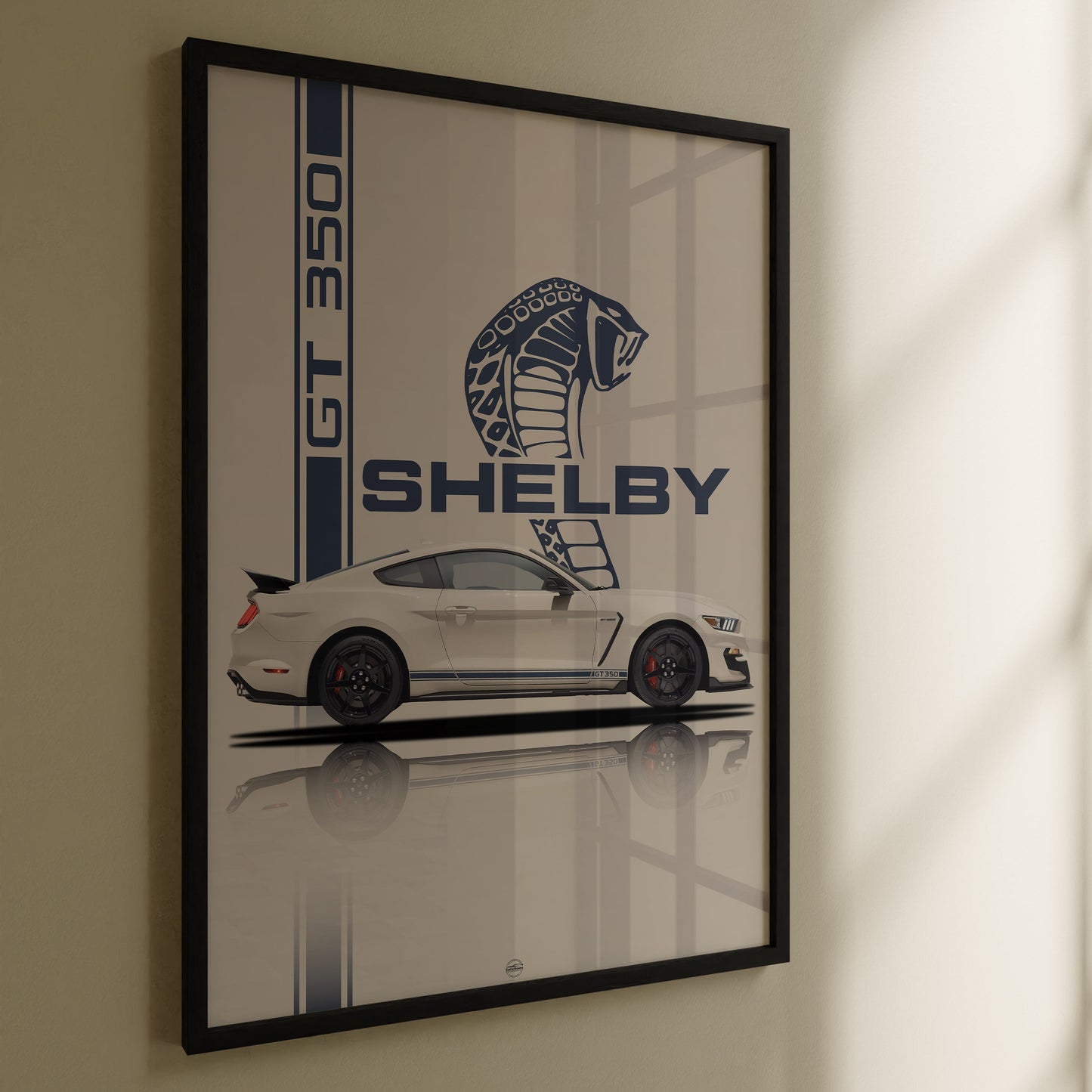 Framed poster of a Mustang GT350 car on a beige wall