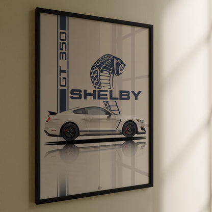 Framed poster of a Mustang GT350 car on a beige wall