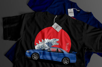 Nissan Skyline GT-R R34 Godzilla T-shirt by CoolCarDrawing