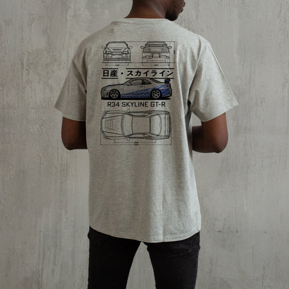 nissan skyline r34 blueprint tshirt, cotton tshirt