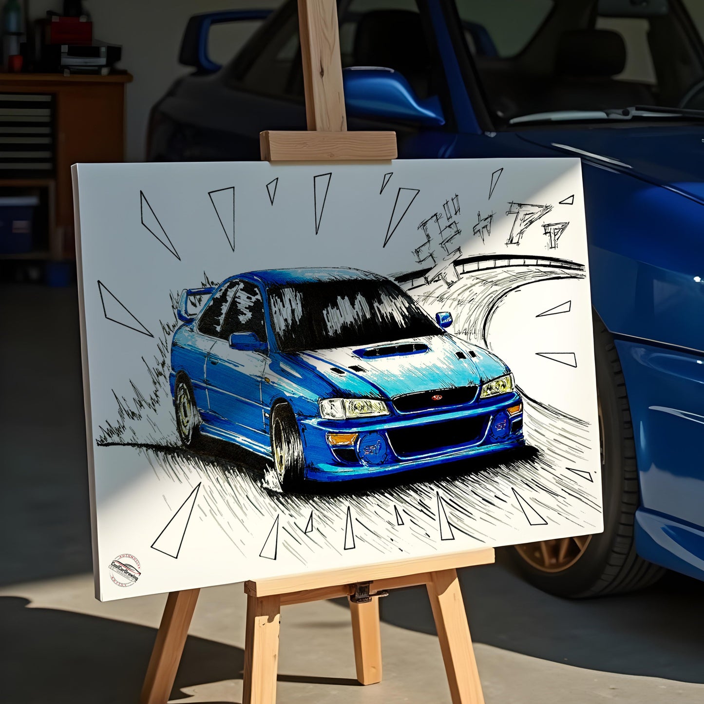 Subaru impreza psoter in fornt of the blue Subaru 22B car