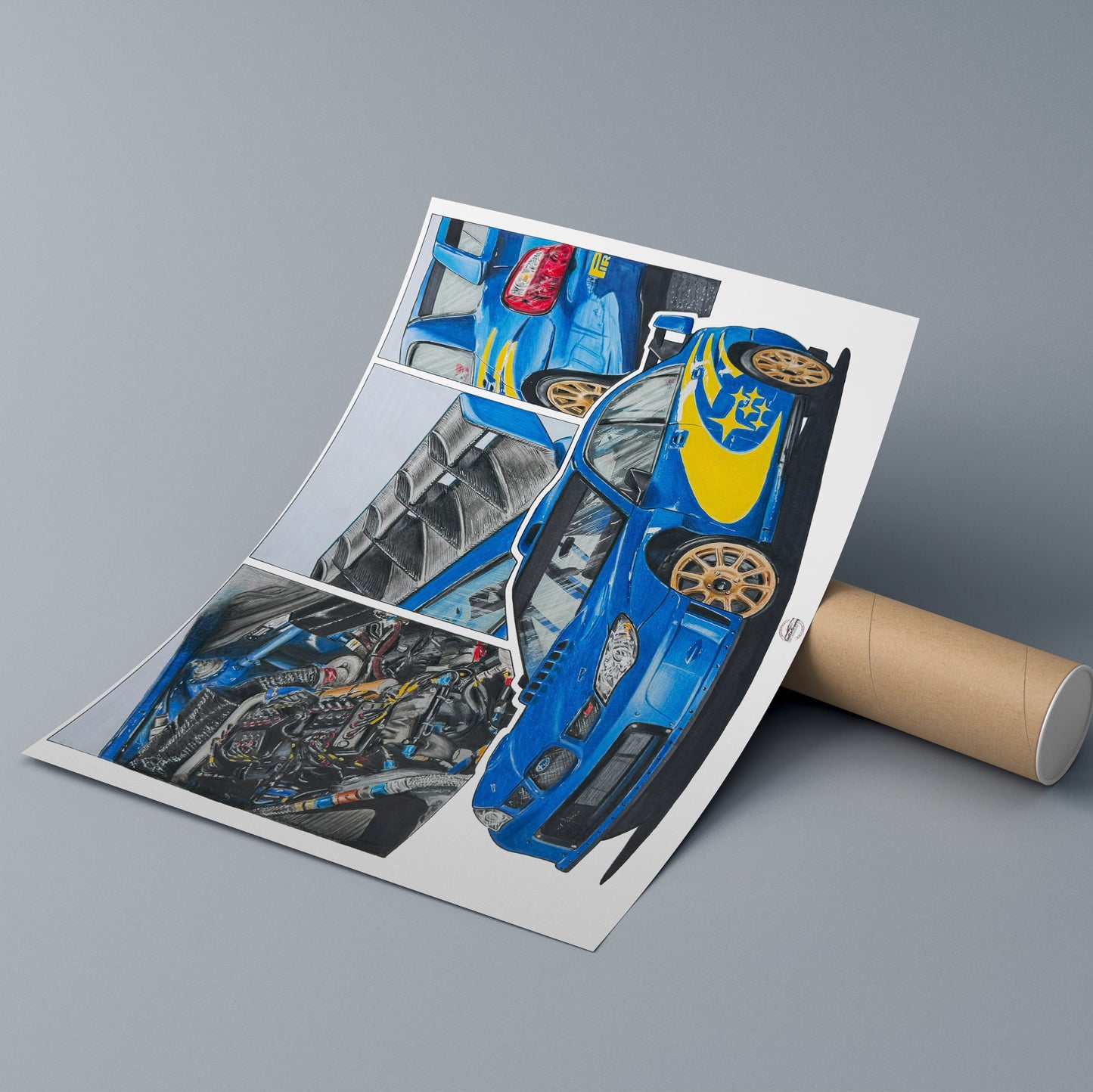 Roll of paper with a Subaru Impreza WRC Rally car design on a gray background