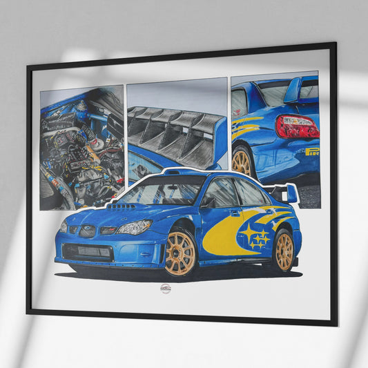 Framed artwork of a Subaru WRC Rally car with engine details on a gray background