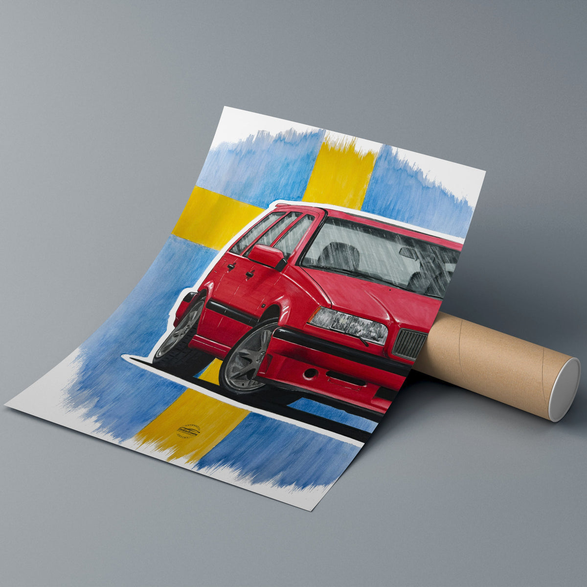 Roll of paper with a red Volvo 850R design on a gray background