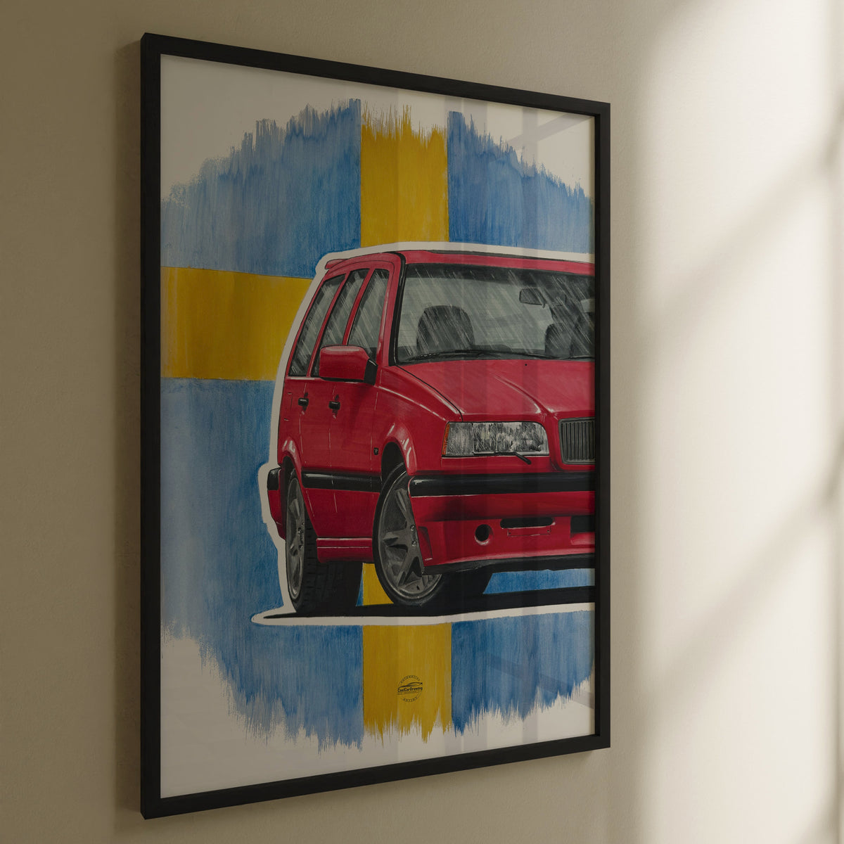 Framed artwork of a red Volvo 850R with abstract Sweden flag on background