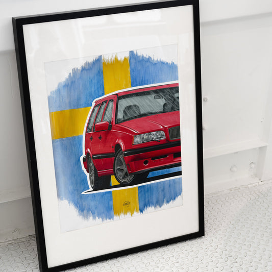 Framed artwork of a red Volvo 850R on a white background with abstract sweden flag design