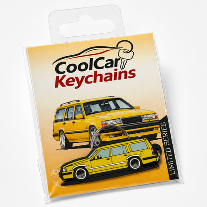 Packaging of CoolCarKeychains with a yellow Volvo 940 keychain