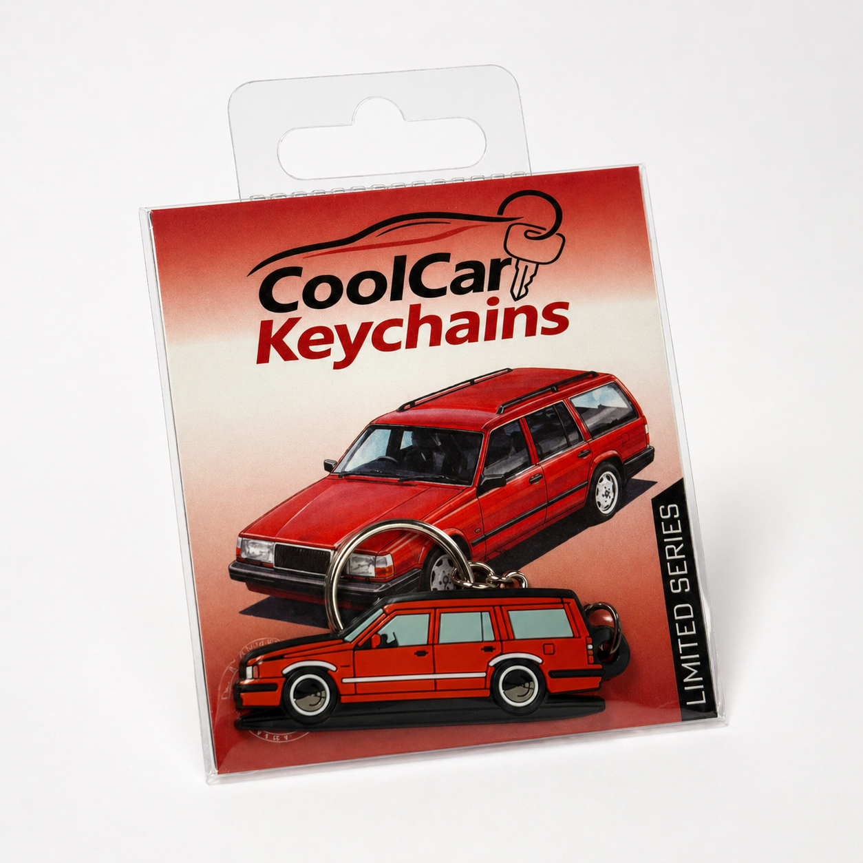 Packaging of CoolCar Keychains with a red volvo 940 design on a white background