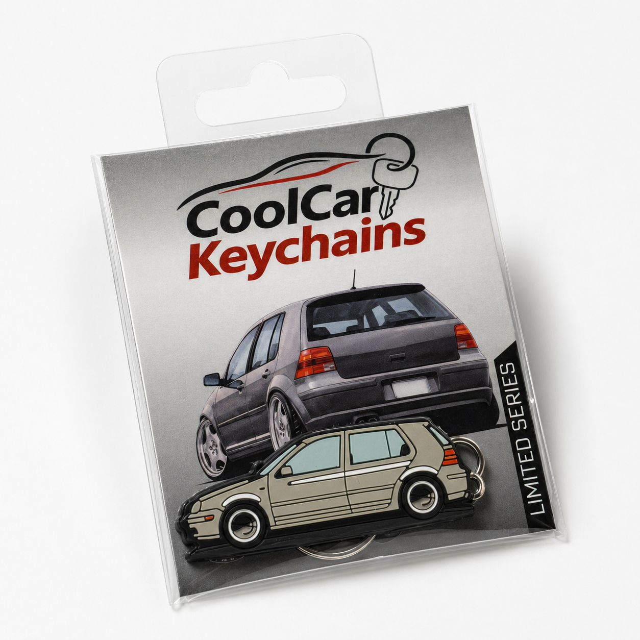 Packaging for Cool Car Keychains with VW Golf MK4 keychain on a white background