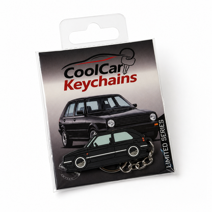 Packaging of CoolCar Keychains with black VW Golf MK2 keychain on a white background