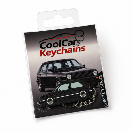 Packaging of CoolCar Keychains with black VW Golf MK2 keychain on a white background