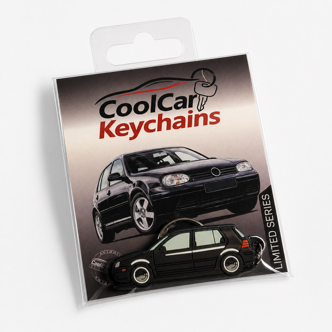 Packaging of Cool Car Keychains with a black VW Golf MK4 keychain on a white background