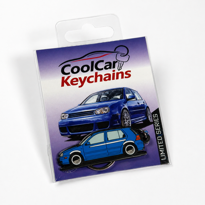 Packaging of CoolCar Keychains with a blue VW Golf MK4 keychain on a white background