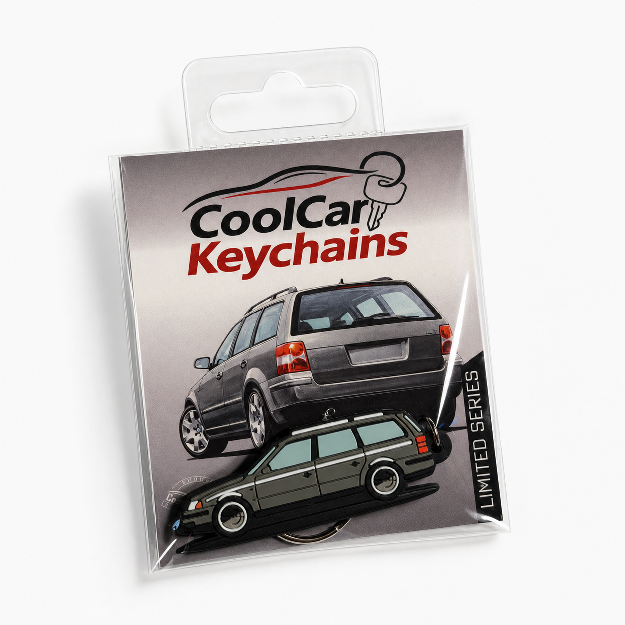 Packaging of CoolCar Keychains with VW Passat B5 keychain on a white background