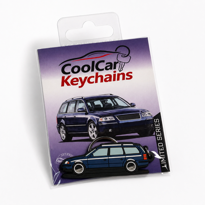 Packaging of CoolCar Keychains with a blue VW Passat B5 Variant keychain and car illustration.