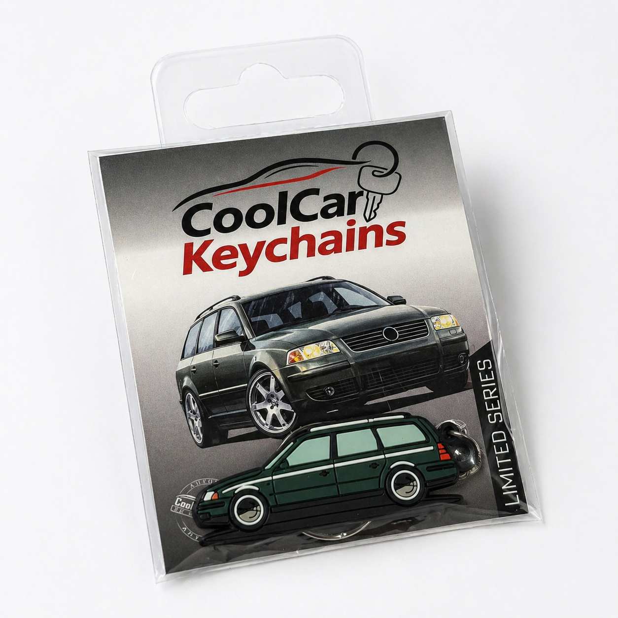 Packaging of CoolCar Keychains VW Passat b5 Variant keychain on a white background
