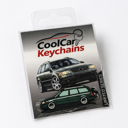 Packaging of CoolCar Keychains VW Passat b5 Variant keychain on a white background